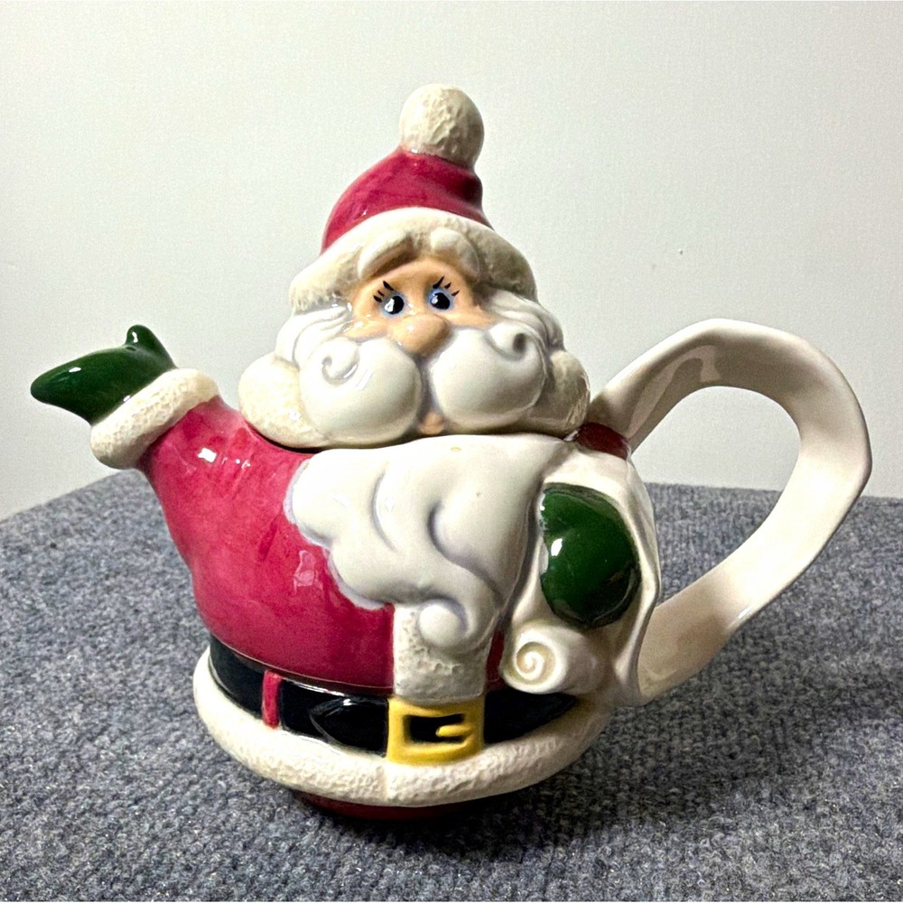 Santa Claus Novelty Ceramic Teapot w/ Lid, Glazed Red White Green, 8 oz